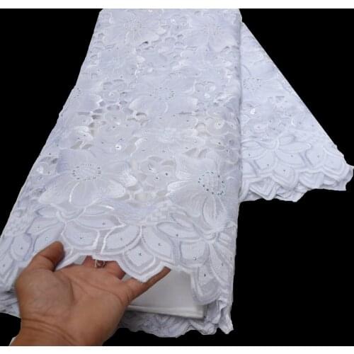 High quality new design Handcut holed white embroidery swiss voile lace for Wedding Clothes African lace fabric with stones