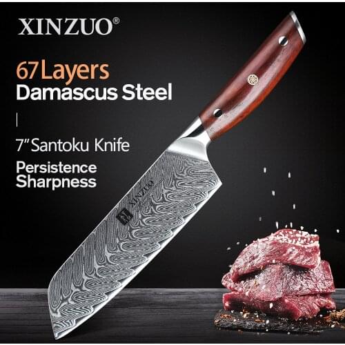 XINZUO Brand 7 inch Santoku Knives Damascus VG10 Steel Knives Rosewood Handle Japanese Style Kitchen Cooking Carved Chef Knife