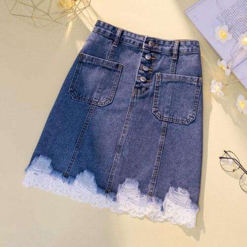 Denim Skirts Women summer 2020 New fashion Lace splice Denim Short skirt Female Korean Plus Size Single-breasted Loose Skirt 4XL