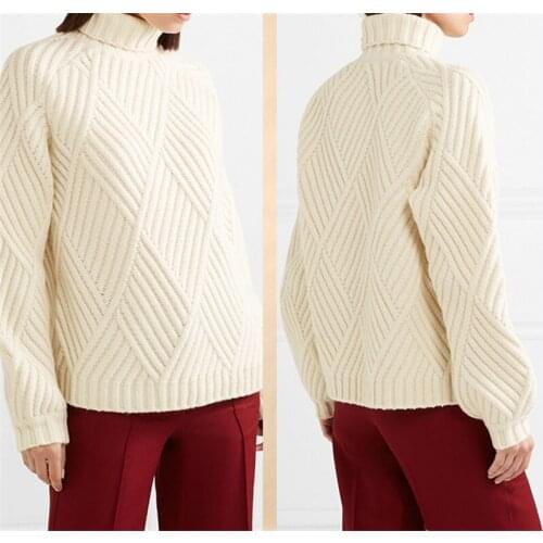 100% goat cashmere twill argyle add thick knit women fashion high collar pullover sweater solid color M/L