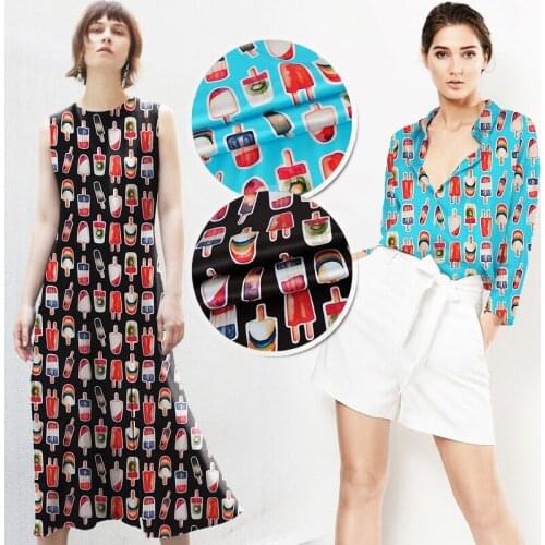 118CM Wide 19MM Ice Cream Print Stretch Blue Black Silk Satin Fabric Good for Summer Dress Skirt Shirt Pants JH198