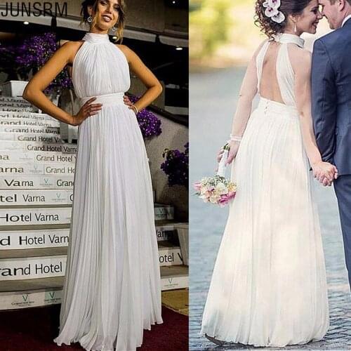 2019 Elegant Chiffon Halter Neckline A Line Wedding Dresses Sexy Open Back Floor Length Ruched Waistline Bridal Dress