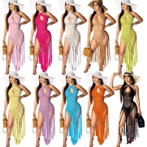 2021 New Crochet Candy color Fish Net Fringe Beach Dress cover up sexy women Bikini swimwear cover-ups