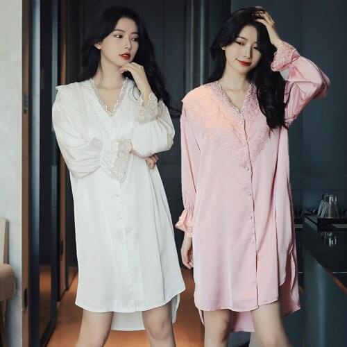 2021 Autumn Silk Satin Long Sleeve Sexy Lace V-neck Nightgown For Women Korean Sleepwear Home Dress Night Gown Nightdress Nighty
