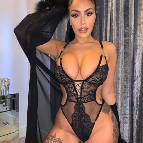 Deep V-Neck Plunge Strappy Sheer Sexy Lace Bodysuit Club Female Body See Through Backless Bodysuit Thong Teddy