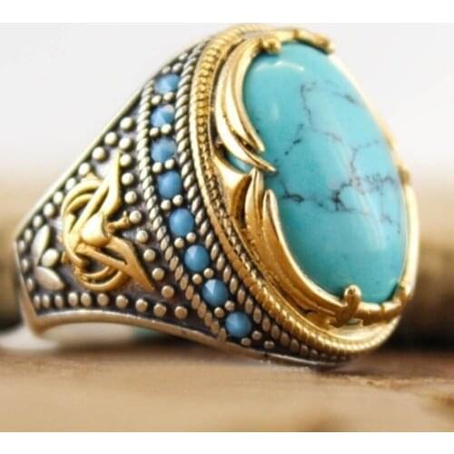 Bohemian Big Oval Natural Stone Rings for Women Men Vintage Dual Color Blue Beads Turquoises Finger Ring Party Gift Punk Jewelry