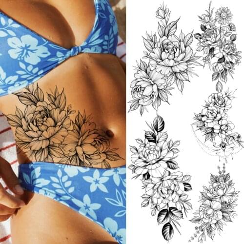 Large Rose Flower Sexy Waist Peony Temporary Tattoos For Women Adult Floral Pendant Daisy Fake Tattoo Body Art Waterproof Tatoos