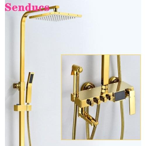 Digital Bathroom Shower Set Senducs Wall Mounted Gold Bath Shower System Rainfall Shower Head Copper Gold Thermostatic Shower