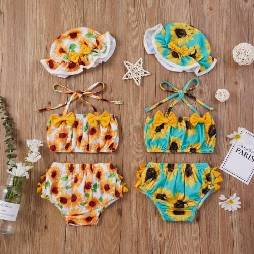 Newborn Baby Girls Sunflower Print Set, Sleeveless Crop Tops, Short Pants and Hat 3 Piece Swimsuit 3-24M