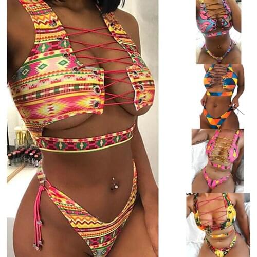 Summer Beach Swimwear New Big Lips Fruit Cute Print Sexy Cross Belt Hollow Bikini Womens Swimsuit Two-piece Set