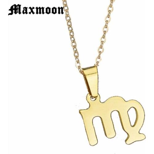 Maxmoon Constellation Jewelry Gold Silver Color Virgo Stainless Steel Zodiac Necklace Hallow Pendant Erkek Kolye