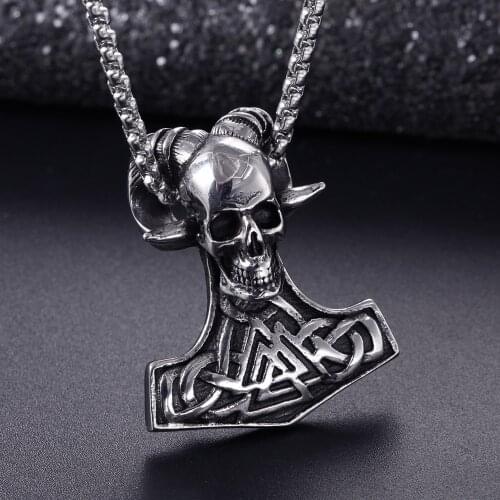 316L Stainless Steel Viking goat horn skull necklace pendant Nordic hammer amulet mens pendant