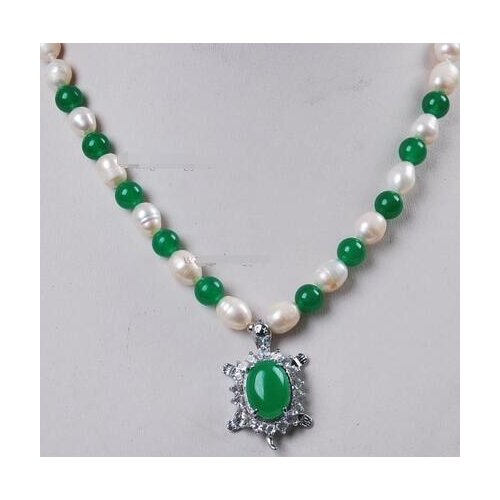 Real White Akoya Cultured Pearl/Green 8MM Jade Turtle pendant necklace