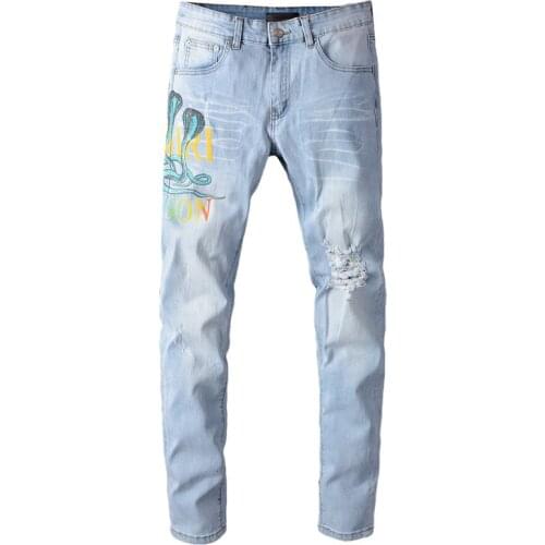 New mens male fashion casual Trendy brand new light-colored snake print stretch slim-fit jeans denim pants trousers 629