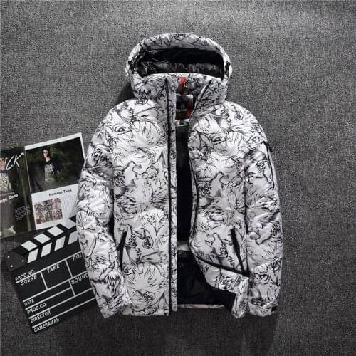 2020 Winter New Boutique White Duck Down Thick Warm Fashion Print Mens Casual White Black Down Jacket Mens Slim Hooded Down Coat