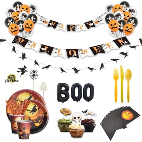 Halloween Creative Witch Horror Pumpkin Disposable Paper Cup Paper Plate Tableware Halloween Decoration Bunting Supply