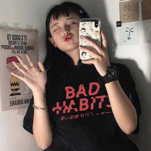 Bad habit Japanese personality Harajuku Ulzzang alphabet tops casual loose plus size short sleeve summer chic hip-hop T-shirt