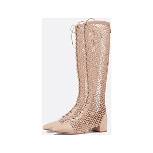 Drop Shipping Girls Fashion Black Beige Air Mesh Square Toe 4 cm Low Heels Lace Up Front Cuts Out Knee High Short Casual Boots