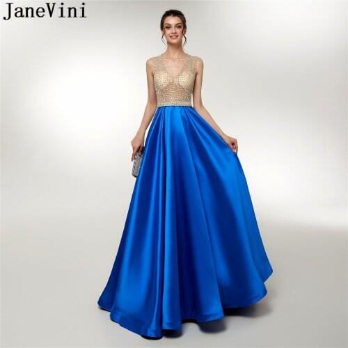 JaneVini Luxury Beaded A Line Bridesmaid Dresses Sexy Deep V Neck Zipper Back Satin Sweep Train Formal Prom Gowns Abendkleider