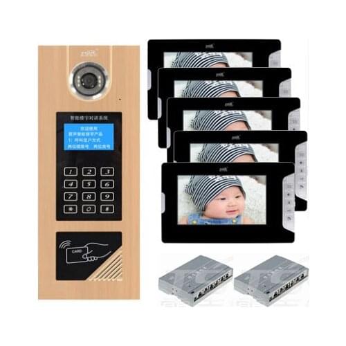 XinSiLu Visual building intercom system doorbell 7" Video Door Phone w/t Inductive and Password Unlocking for 5-apartments
