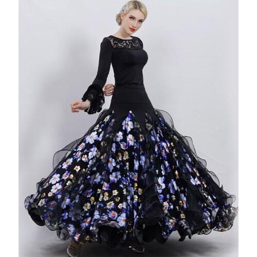 Modern Dance Skirts Ballroom Dancing Performance Dress Female Long Sleeves National Standard Dance Big Hemline Long Dress H2106