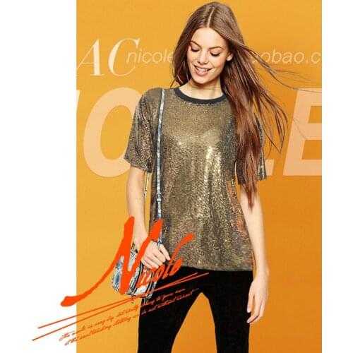 Gold and silver sequins thin short-sleeved t-shirt women 2021 new spring and autumn tops with loose bottoming shirts