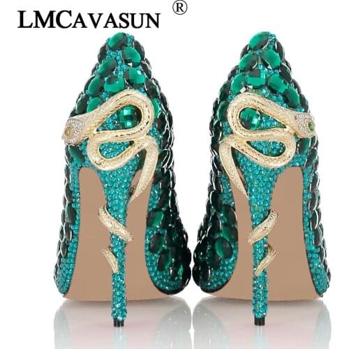 LMCAVASUN Hand-inlaid Genuine Leather Rhinestone High Heels Cinderella Shoes Women Pumps Pointed toe Woman Crystal Wedding Shoes