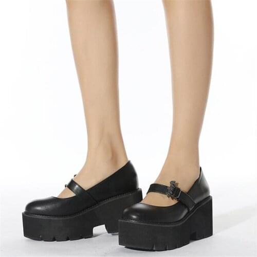 Women Leather Mary Jane Shoes Ladies Pumps Bat Buckle Platform Wedges Shoes Thick Bottom Women Lolita Shoes Casual Loafers
