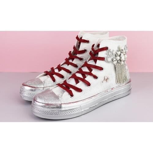 Retro style womens high-top canvas shoes distressed rhinestone tassels exquisite fashion single shoes summer new style hot sale
