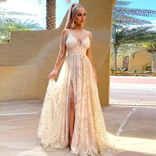 2021 New Star Sequins Evening Dress Deep V neck Sexy Vestido De Fiesta De Noche high split fork Strapless Dress A-line Tulle