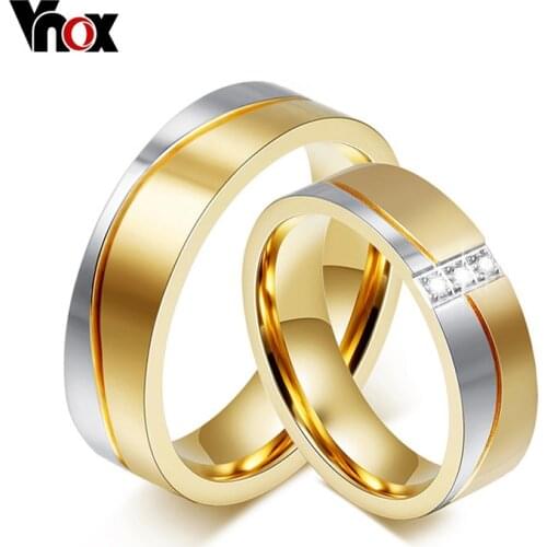 Vnox 1 Pair Wedding Ring Set for Couple Gold Color Stainless Steel CZ Female and Male Jewelry