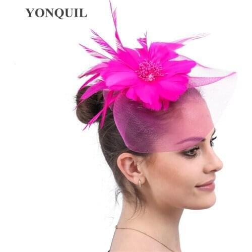 Crinoline Hot Pink Fascinator Hat Wedding Hair Accessoiries Female Women Elegant Feather Flower Headwear Occasion Event SYF628