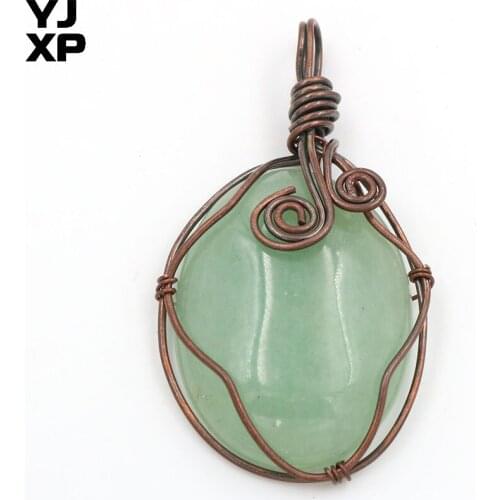 YJXP Copper Plated Wire Wrap Natural Green Aventurine Oval Shape Pendant Trendy Jewelry