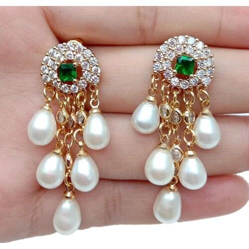 YYGEM Clear cubic zirconia pave gold filled natural Freshwater White Rice Pearl cz chain tassel Stud Earrings
