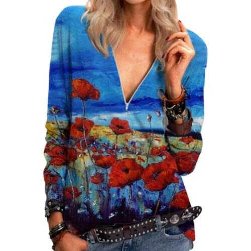 Spring Summer Women T-Shirt 2021 Zipper V Neck Floral Print Fashion Long Sleeve Top Loose T shirts Womens Clothing