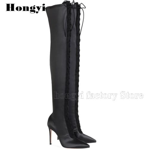 Fashion Satin Patchwork Designer Pointed Toe Thin High Heel Women Over The Knee Boots 2019 Lace Up Gladiator Thigh Long Boot