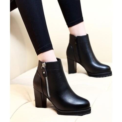 Women 7.5CM High Heel Pointed Toe Ankle Boots Fashion Zipper Dress Boots Short Plush Winter Black Split Leather Shoes