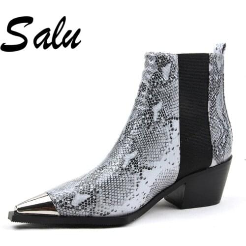 Salu Spring Women Genuine Leather Chelsea Boots Thick High Heels Ankle Booties Fashion Handmade Ladies Shoes Woman
