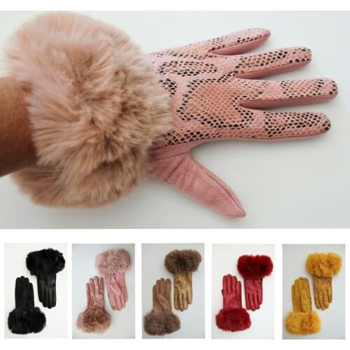 Women Reptile Python Snake Skin Gloves For Mobile Touch Faux Fur Cuff With