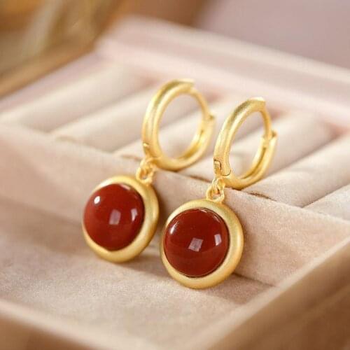 Spring and Summer New S925 Sterling Silver Natural Hetian Jade South Red Earrings Light Retro Classic Style Womens Eardrops Ear