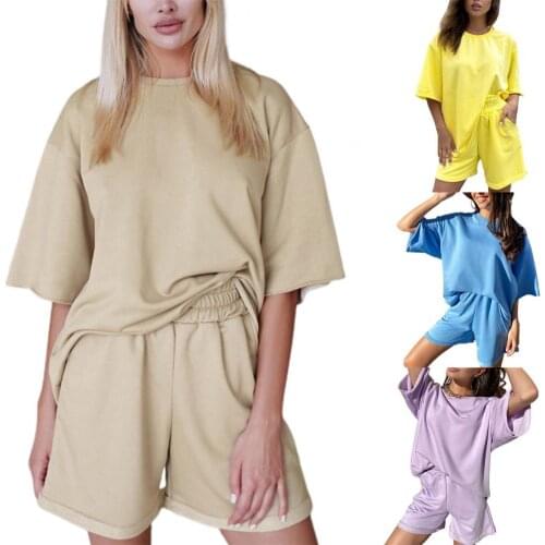 Oversize Shorts Set Women Loose Shorts Casual Solid Color Round Neck T-shirt Elastic Waist Shorts Set Sporty Tracksuit 2Pcs/Set
