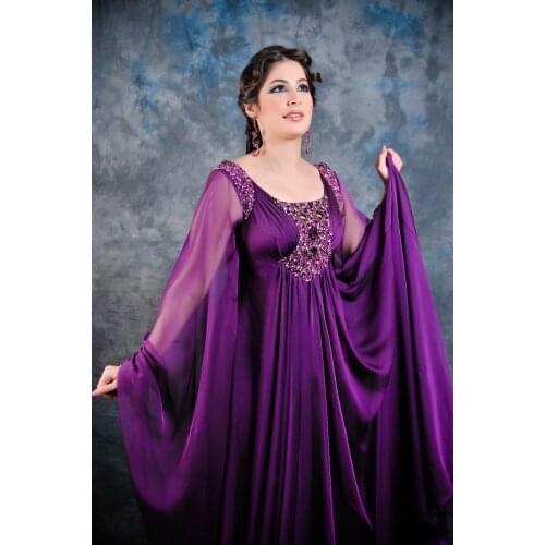 Vintage Long Sleeves Beaded Chiffon Beaded Vestidos De Festa Caftan Purple Muslim Evening Dresses 2020 Robe De Soiree