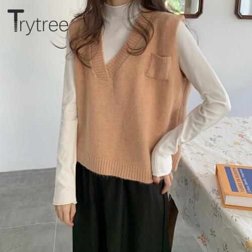 Trytree 2020 Autumn Winter Women Sweater Vest Casual Soft Pocket V-Neck Solid 4 Colours Knitted Vest Basic Women Tank Top