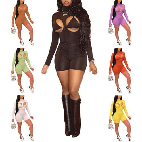 2 Pcs Women Solid Color Outfits Adults Elastic Hollow Out Long Sleeve Mock Neck Romper Tie Up Bra Beachwear Bathing Suits Romwe