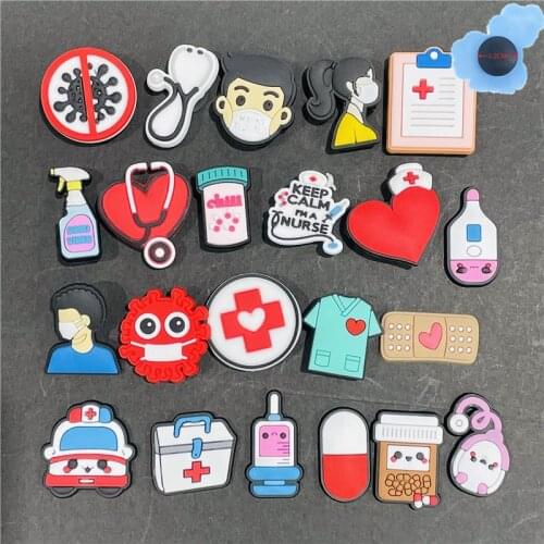 50pcs Wholesale Hospital Series PVC Shoes Accessories Garden Shoe Decorations Fit Croc Jibz Charm Boys Girls Holiday Gifts