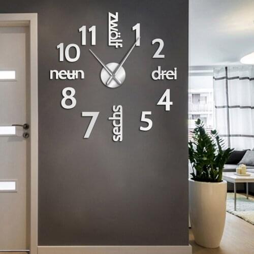 German Language and Arabia Numerals DIY Large Wall Clock Silent Movement Horologe Frameless Big Numbers Acrylic Clocks Watch