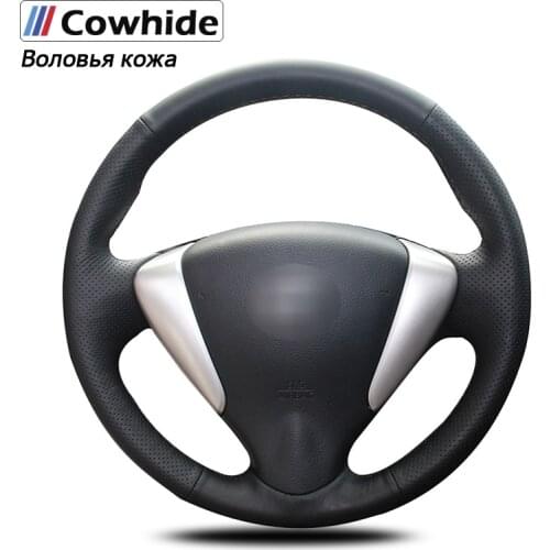 Handsewing Black Genuine Leather Steering Wheel Covers For Nissan Tiida Sylphy 2012-2015 Versa 2015-2019 Versa Note