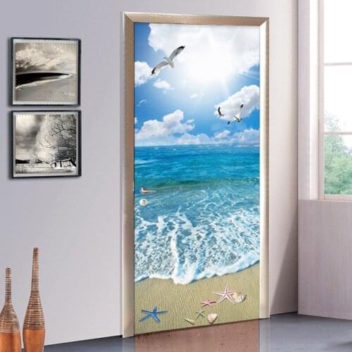Door Sticker Tools Door Wallpaper Door Decoration 3D Beach Sea Landscape Living Room Bathroom Home Decor PVC Sticker