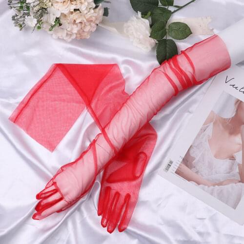 Elegant Women Transparent Sheer Tulle Full Finger Sexy Long Mittens Wedding Party Bridal Gloves Photography Ladies Accessories