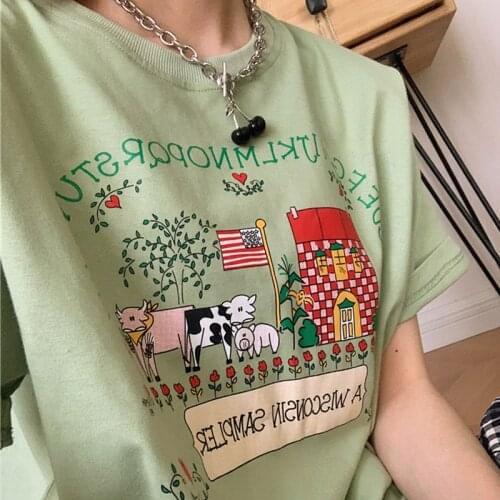 American Farm Animals Cartoon Printed Cute Tshirts For Female Avocado Green Loose Cotton Short Sleeve Tops Kpop Casual Tees